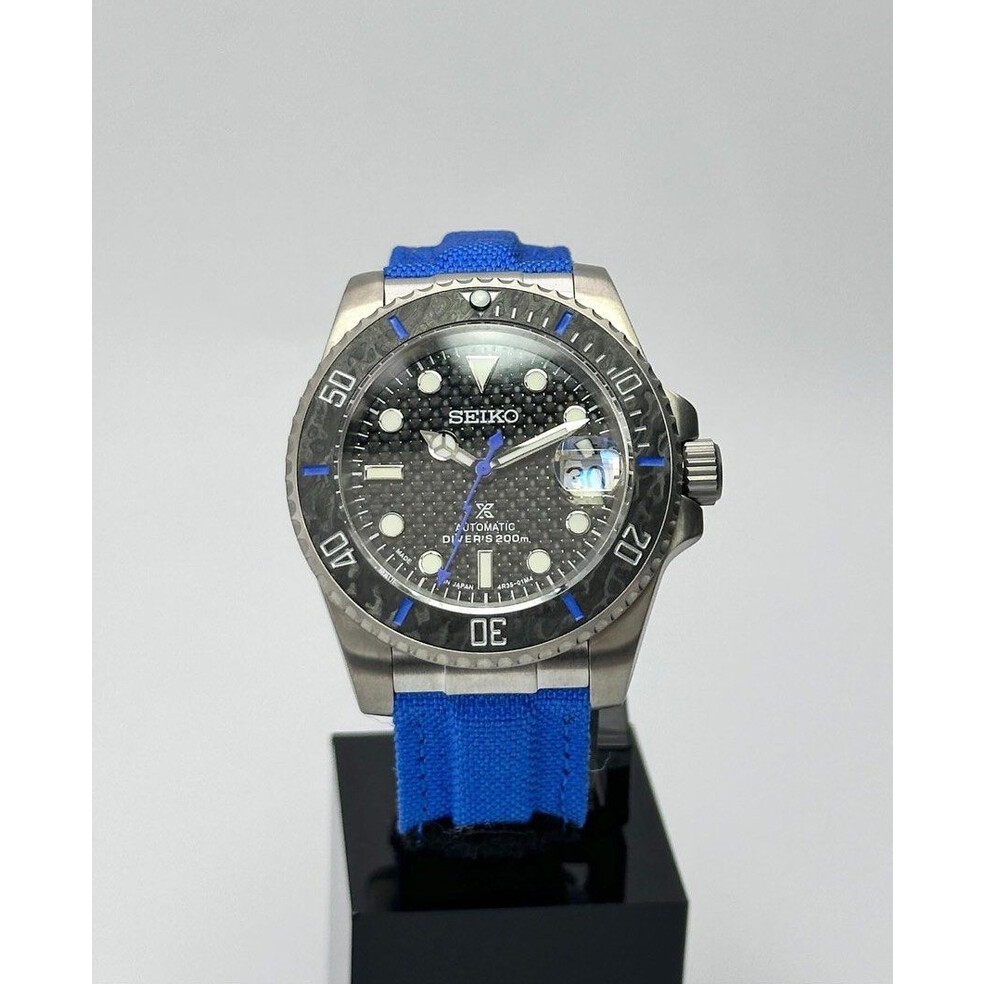 Custom Seiko Mod • Blue Carbon Titanium Submariner on Velcro • 40mm